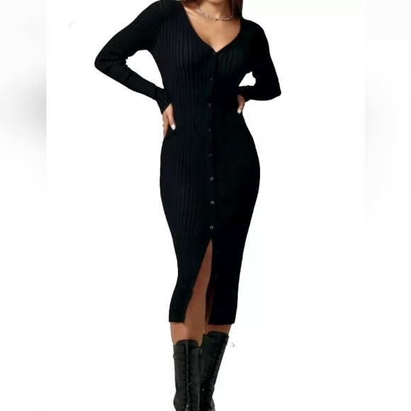 New LITA by Ciara REVOLVE Black Ribbed V Neck Cardigan Button Front Midi Dress - Picture 7 of 8